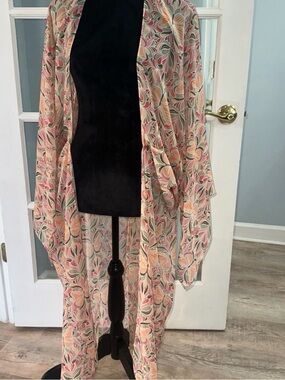 Cato Floral Sheer Kimono in Peach, Green & Brown